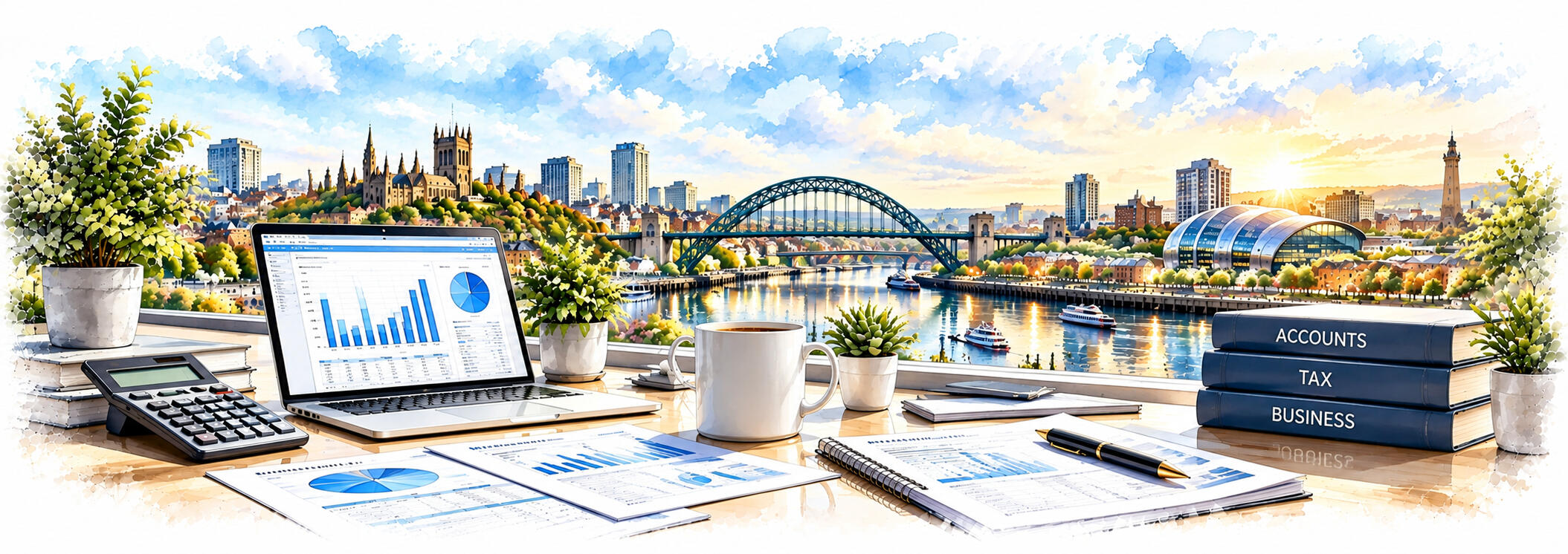 Newcastle upon Tyne skyline featuring the Tyne Bridge and surrounding city architecture
