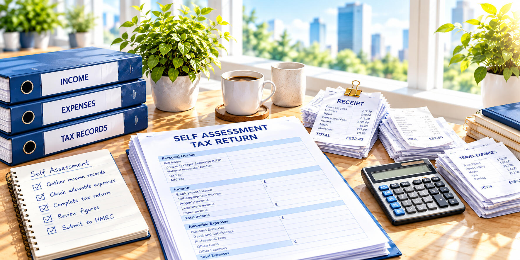 Self Assessment Tax Returns – Peter Angel Self Assessment tax return forms, income and expense records, receipts and calculator arranged on a desk for UK tax return preparation