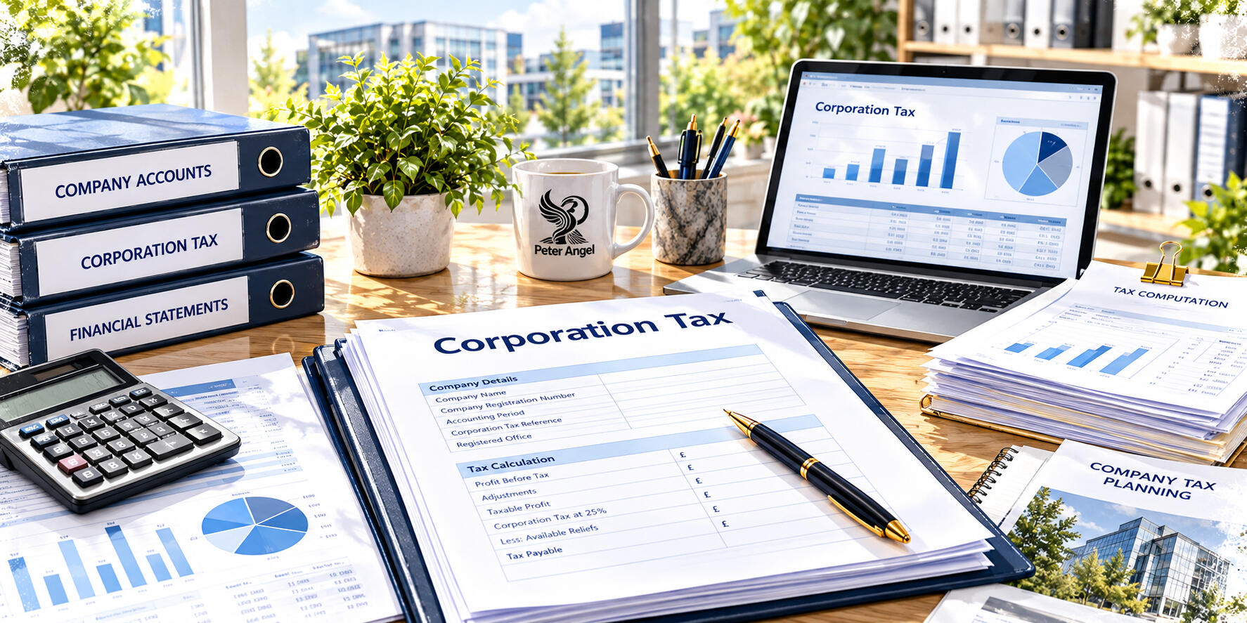 Corporation Tax – Peter Angel Laptop displaying financial charts alongside company tax documents, accounting folders and financial reports for corporation tax preparation