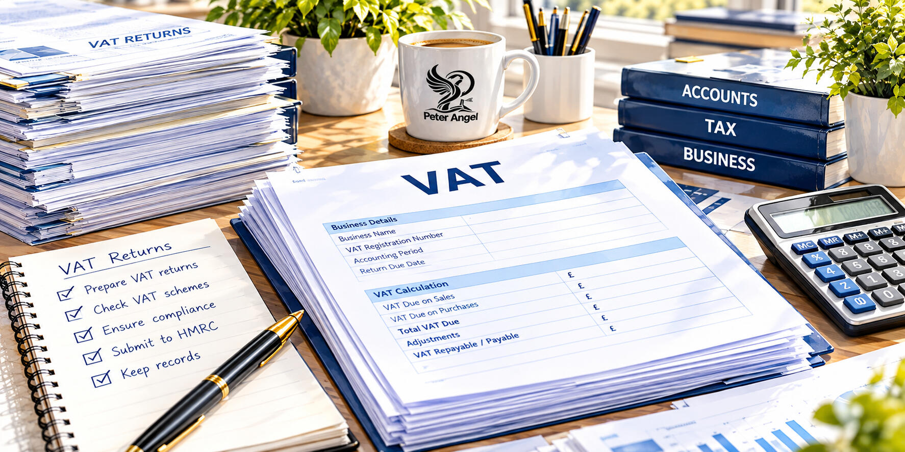 VAT Returns – Peter Angel VAT return documents, invoices, receipts and calculator arranged on a desk for VAT calculations and tax return preparation
