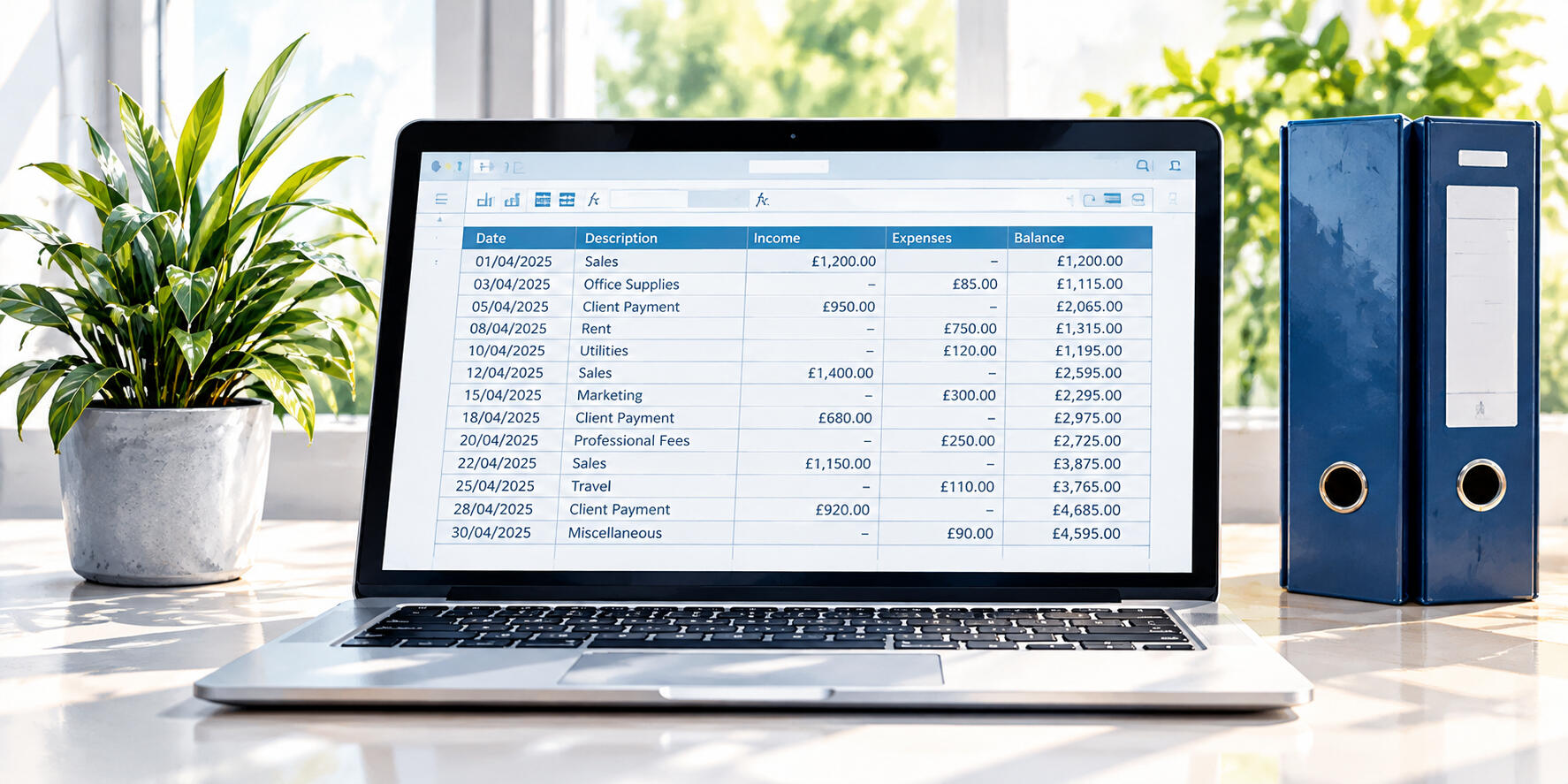 Laptop displaying bookkeeping software beside organised financial records and accounting folders in a modern office
