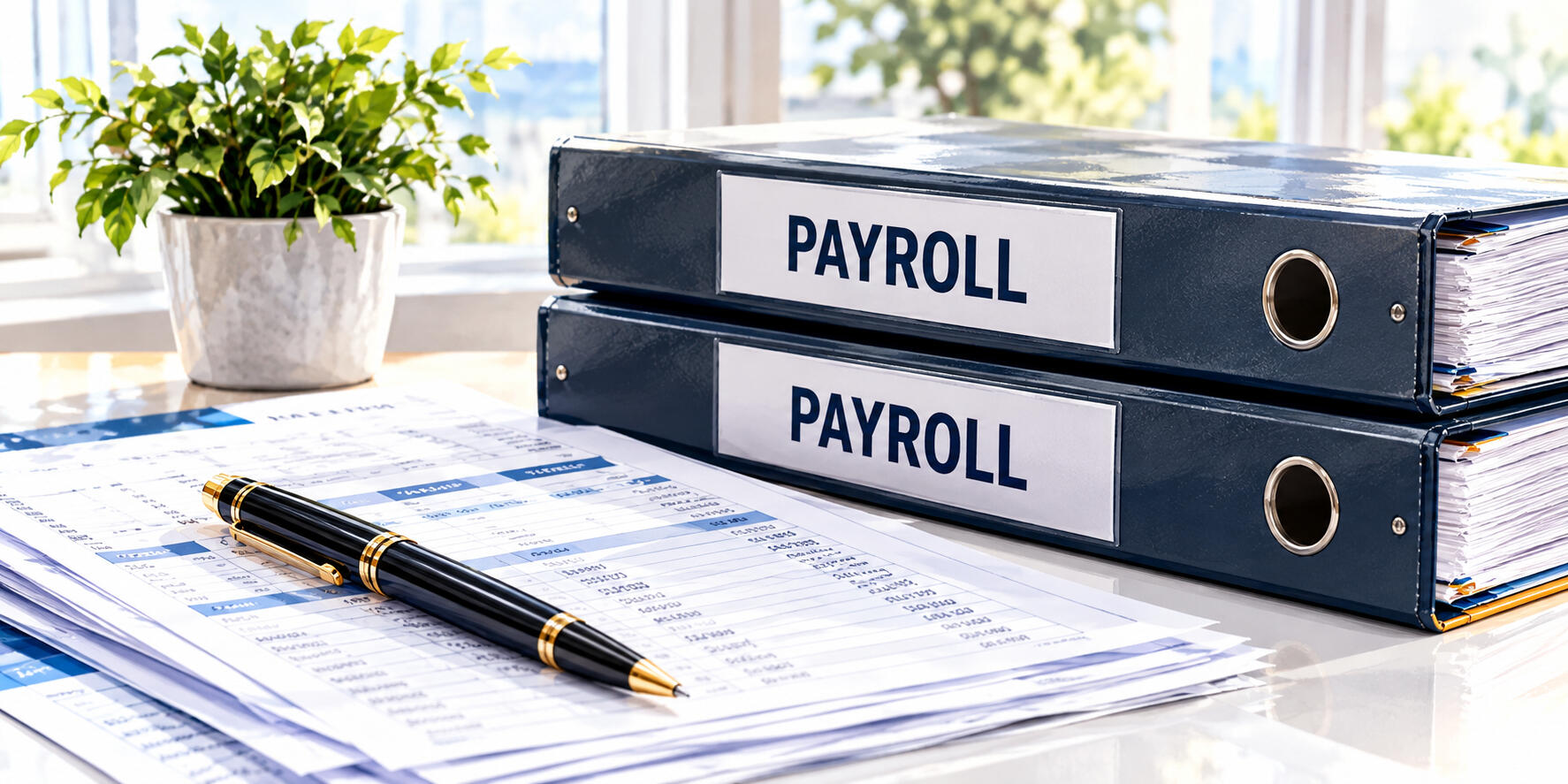 Payroll documents stored in labelled office folders alongside a pen and calculator for employee payroll processing