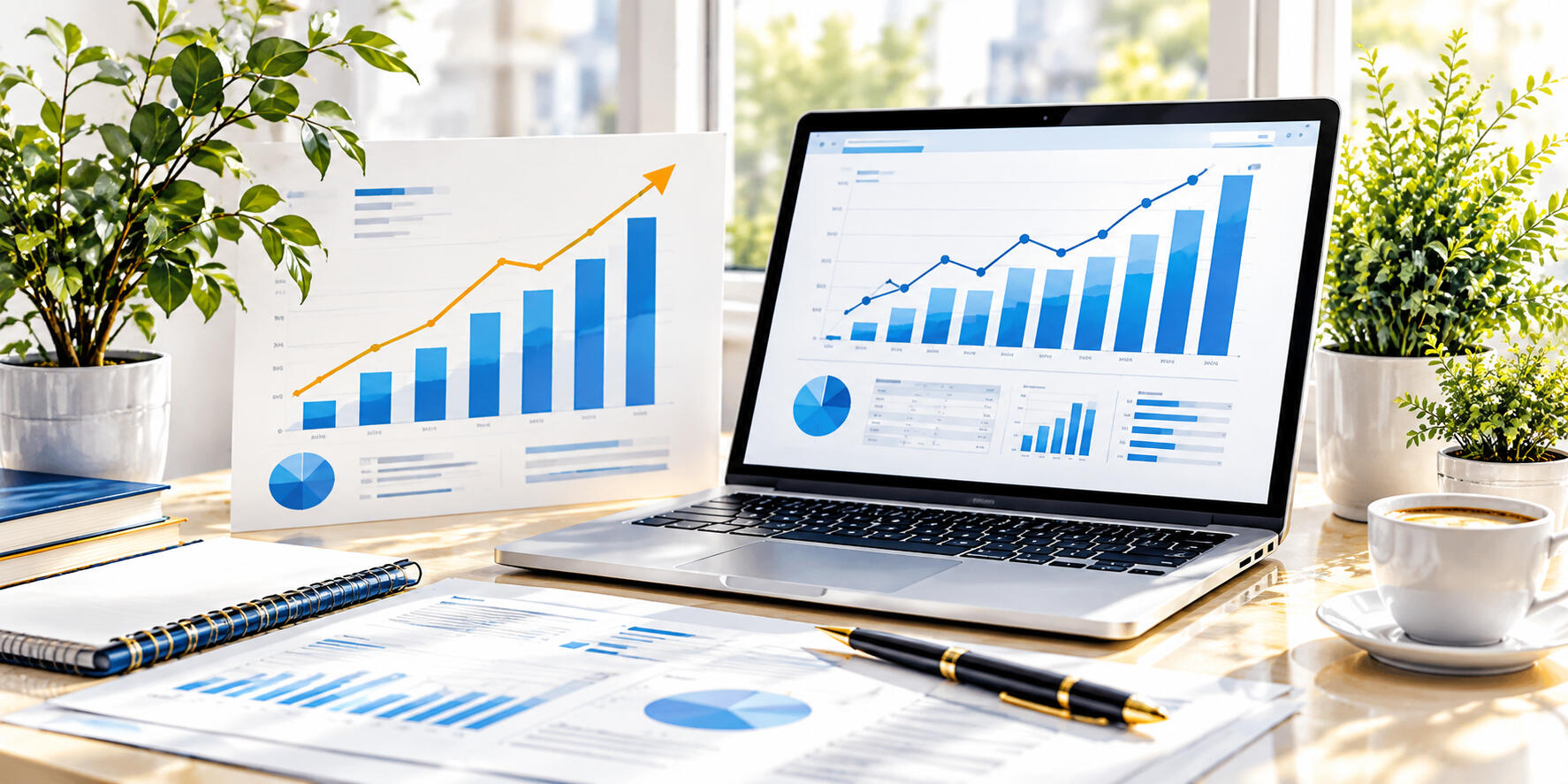 Computer screens displaying financial charts and business performance reports for management accounting and financial analysis