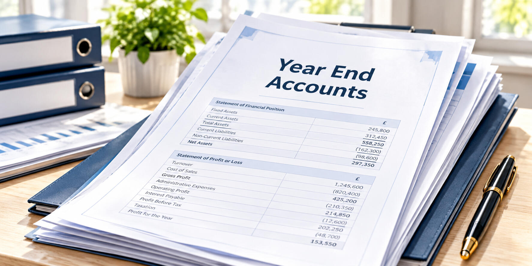 Year End Accounts – Peter Angel Year-end accounts documents and financial statements arranged on a desk for annual business accounting and reporting