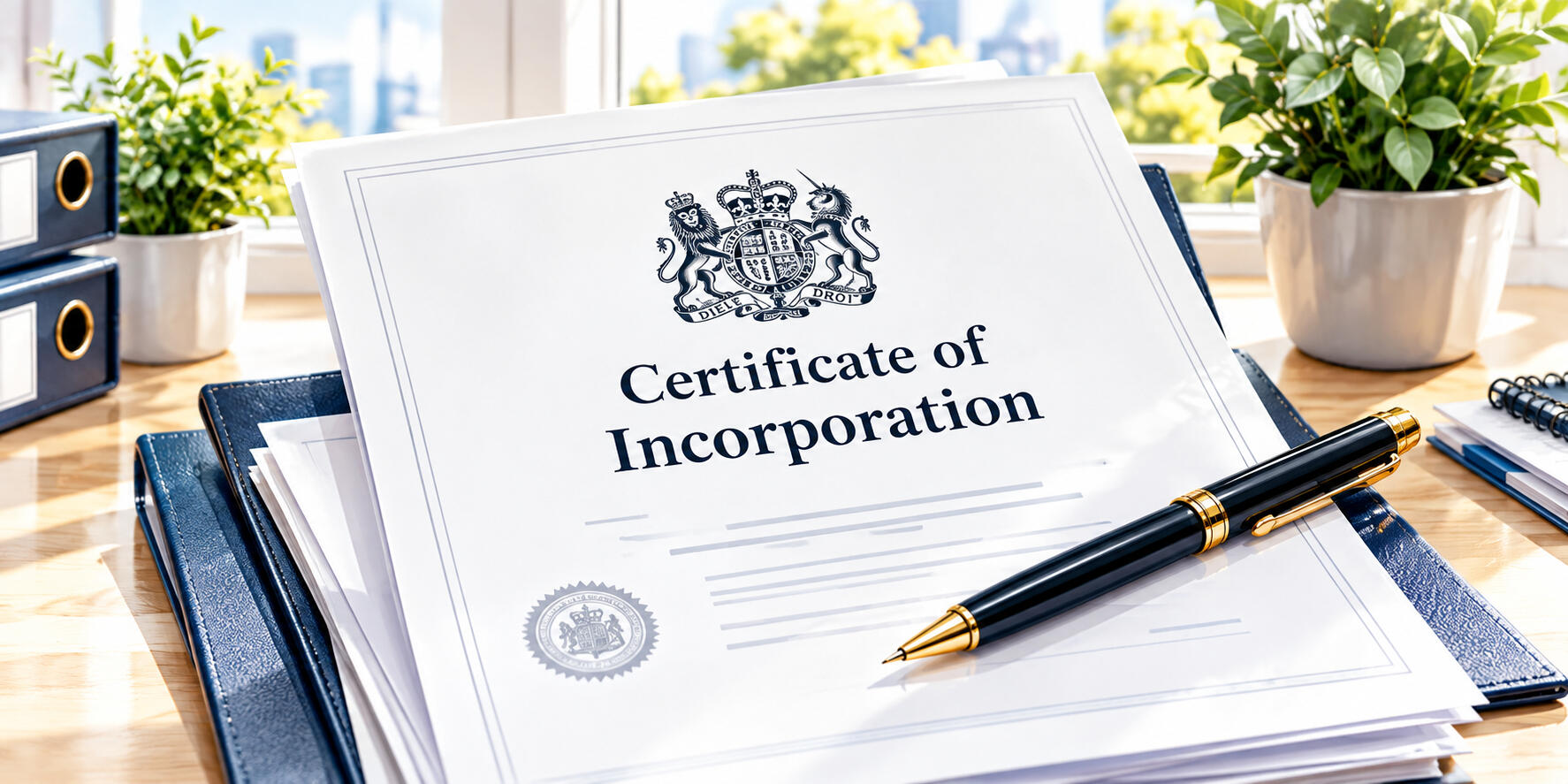 Certificate of Incorporation displayed on a desk with business documents and office stationery for UK company formation