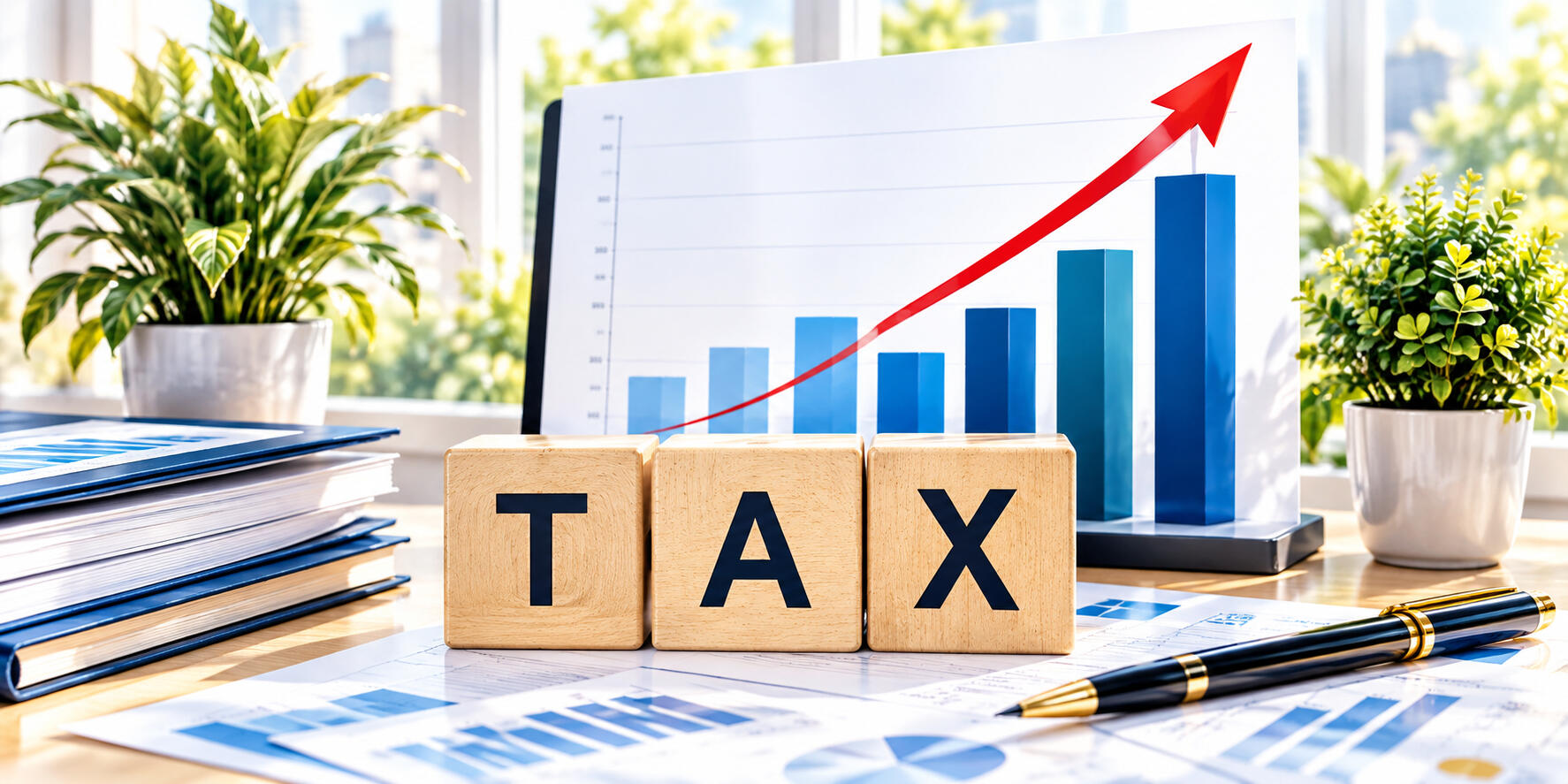 Business tax planning documents and financial charts showing revenue growth and tax figures on an office desk