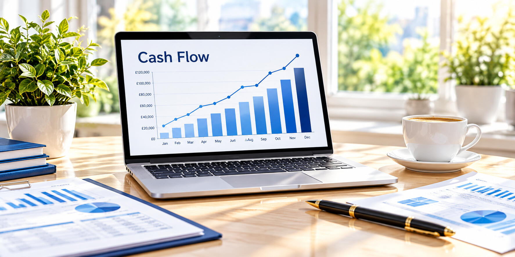 Cash Flow Forecasting – Peter Angel Laptop displaying a cash flow forecast chart alongside financial documents and reports for business cash flow planning