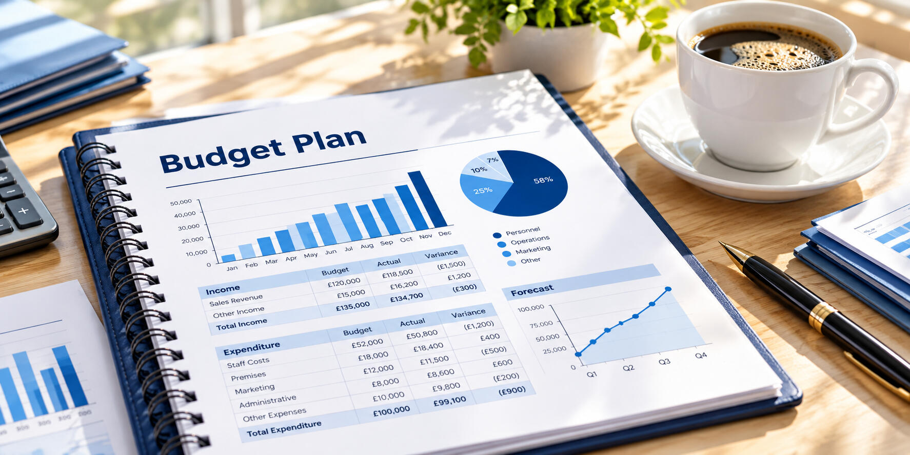 Budgeting & Forecasting – Peter Angel Budget plan and financial forecast documents with charts and calculator arranged on a desk for business budgeting.