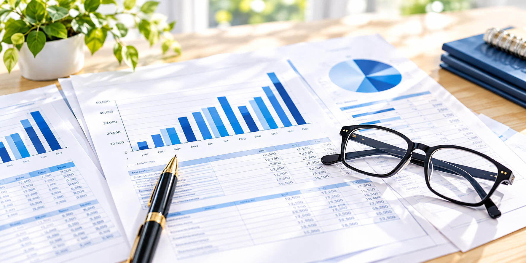 Financial Reporting – Peter Angel Financial reports with bar charts, pie charts and accounting figures arranged on a desk for business financial reporting.