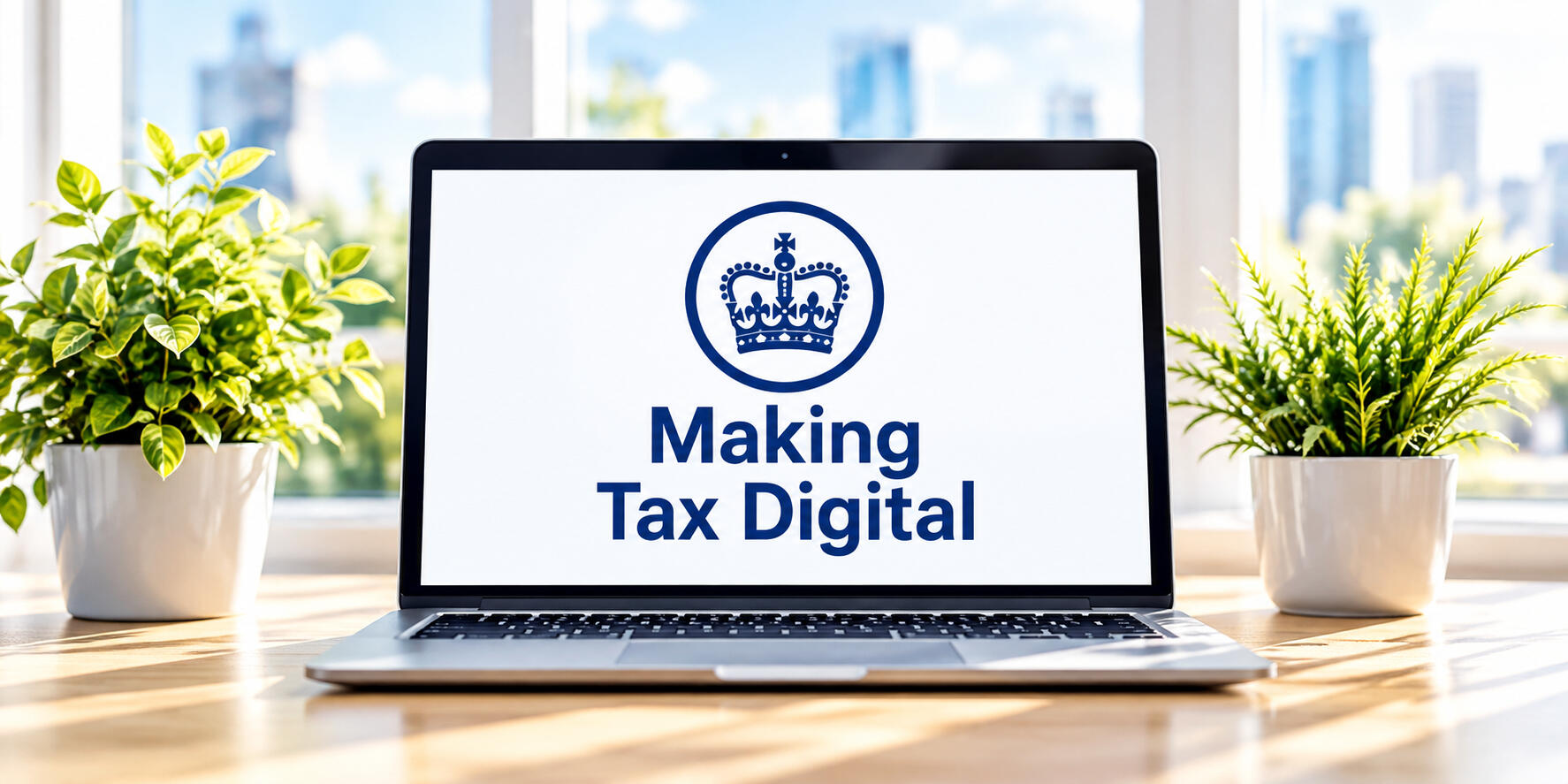 Making Tax Digital – Peter Angel Laptop displaying the Making Tax Digital HMRC branding in a modern office environment for digital tax compliance.