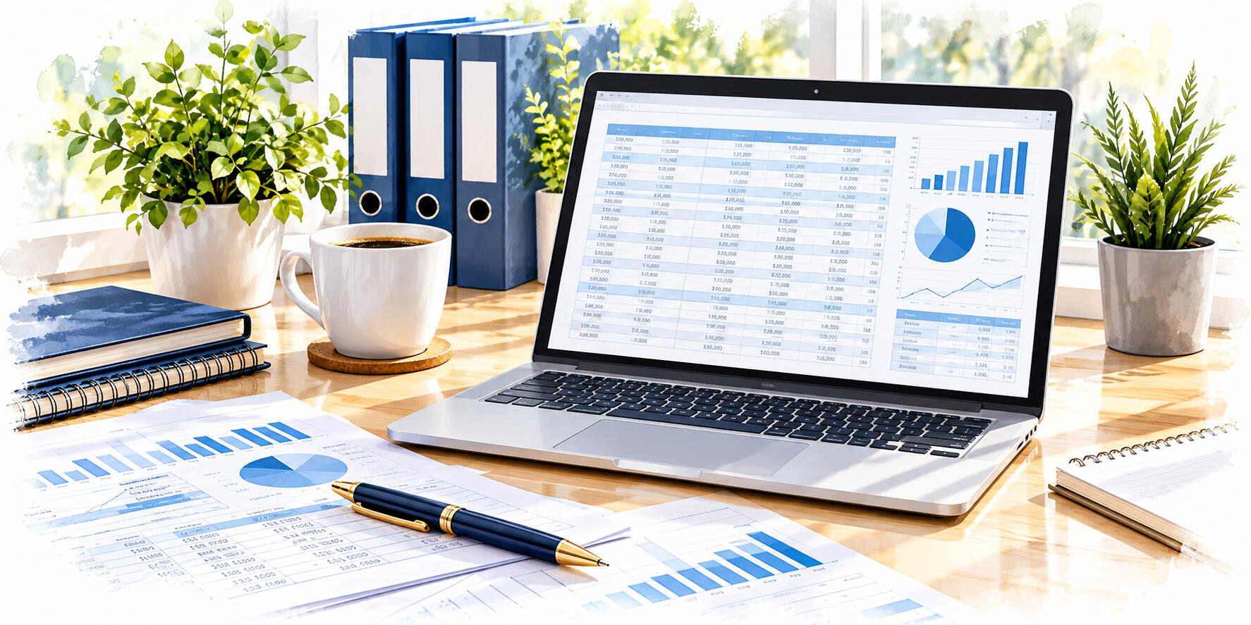 Contractor Accounts – Peter Angel Laptop displaying accounting software alongside financial charts and accounting documents for contractor accounts and tax services.