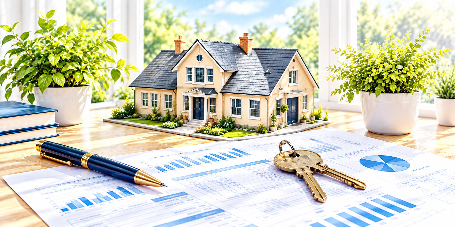Residential property model and property financial documents arranged on a desk for landlord accounts and rental income reporting.