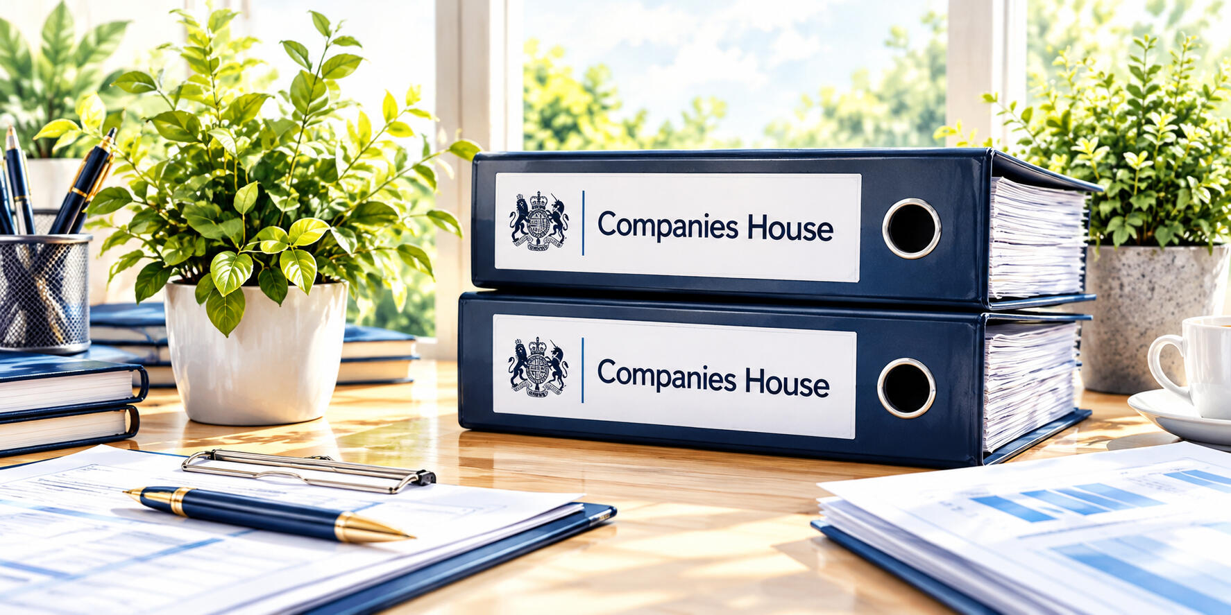 Company Secretarial Support – Peter Angel Company secretarial records and corporate document folders arranged on an office desk for statutory record keeping and compliance.
