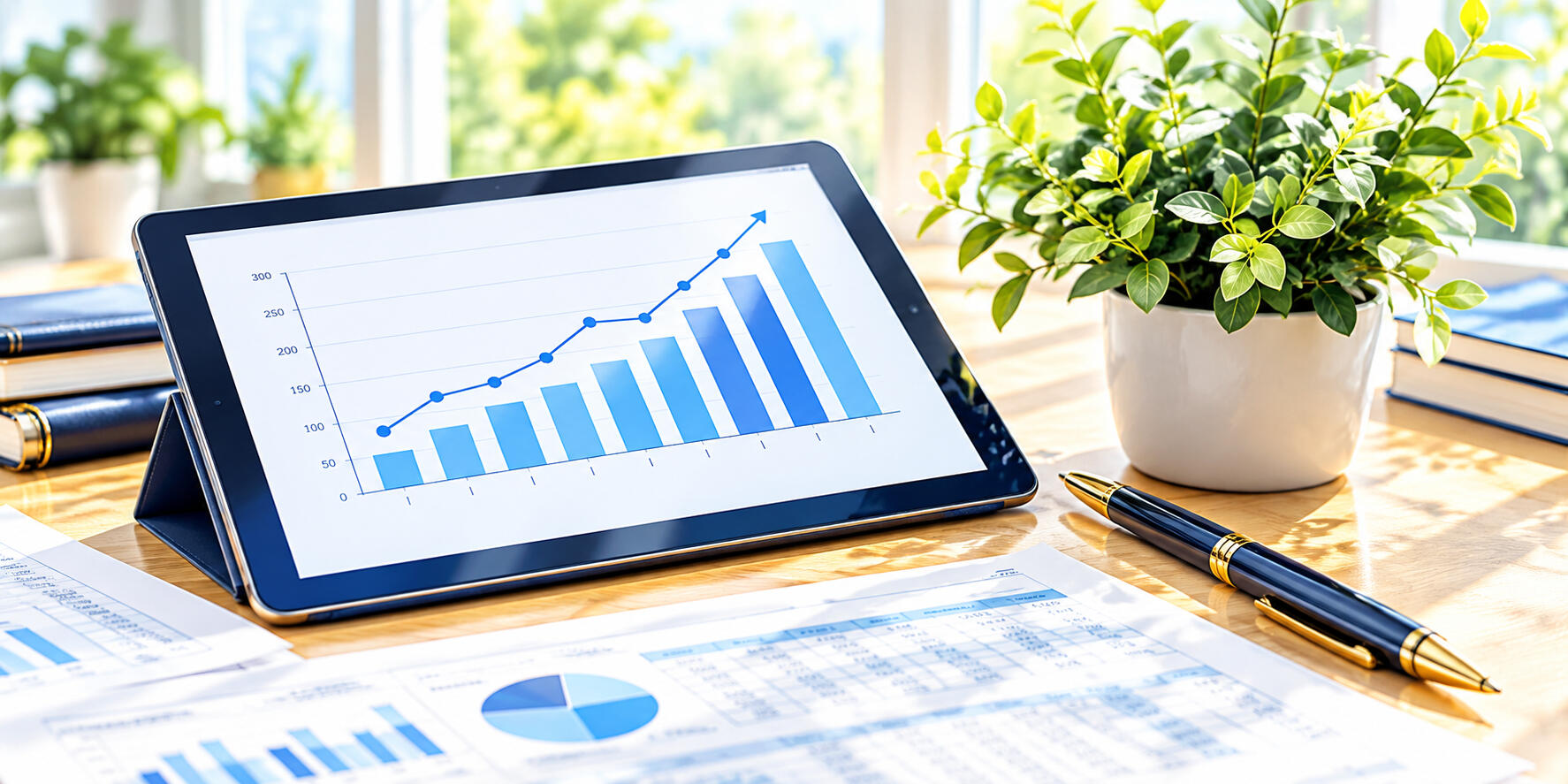 Tablet displaying business performance charts alongside financial reports and accounting documents for business performance reviews.