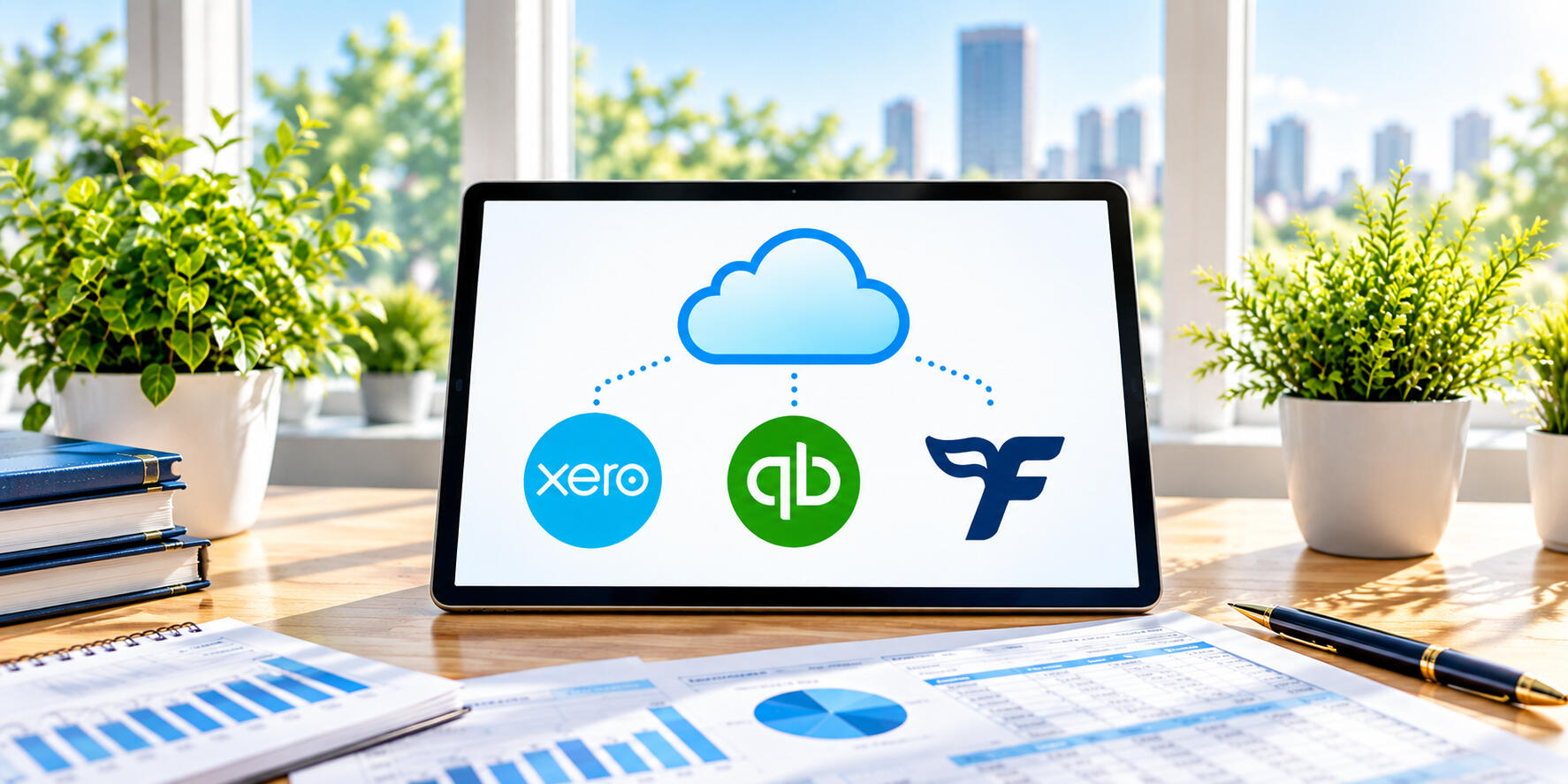 Cloud Accounting – Peter Angel Tablet displaying cloud accounting integration with Xero, QuickBooks and FreeAgent logos on a bright office desk.
