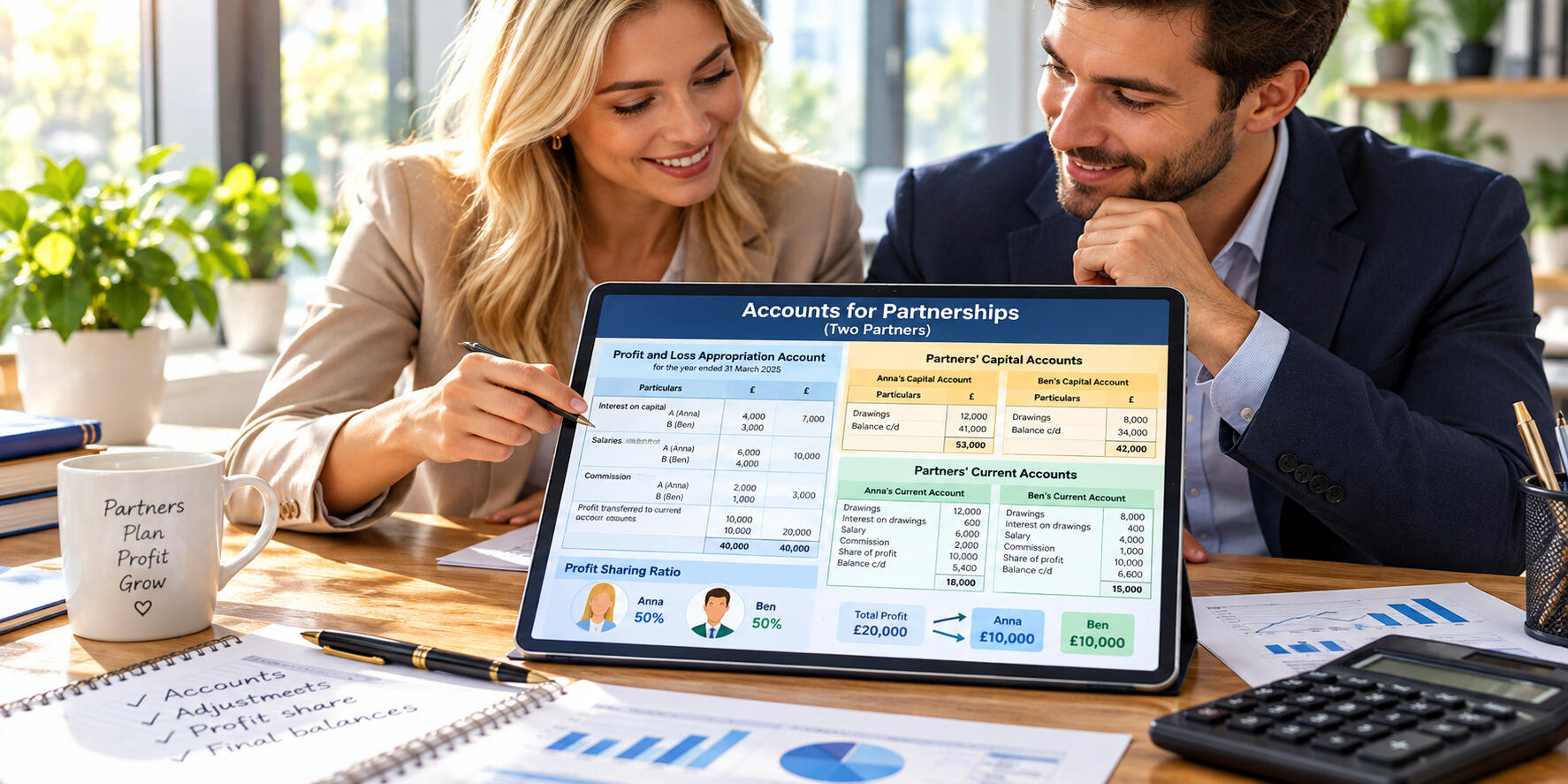 Accounts for Partnerships – Peter Angel Two business partners reviewing partnership accounts and financial reports on a tablet, with profit-sharing information and accounting documents on the desk.
